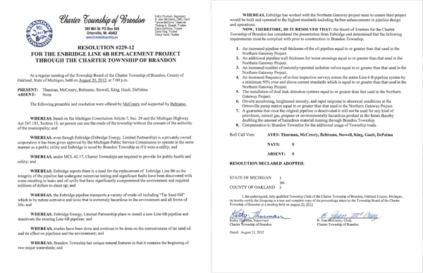 Enbridge disregards Michigan Constitution and Highway Act - Brandon Townships